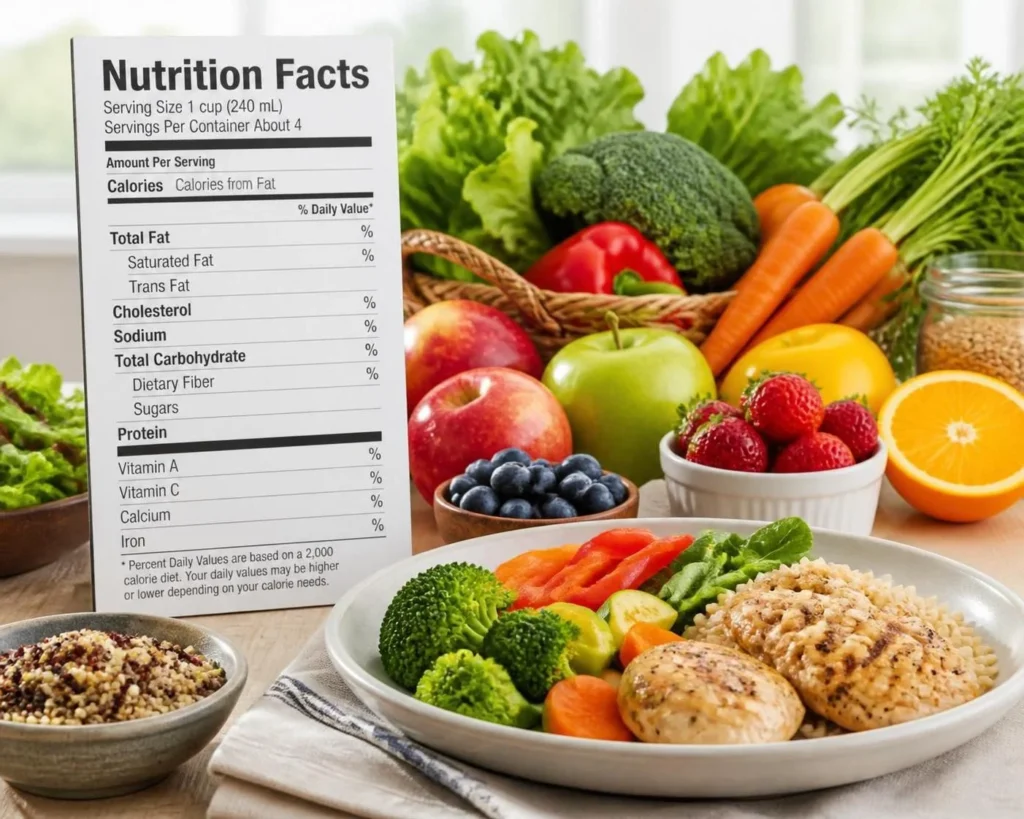 Nutrition Facts label beside fresh fruit, vegetables, and a balanced meal.