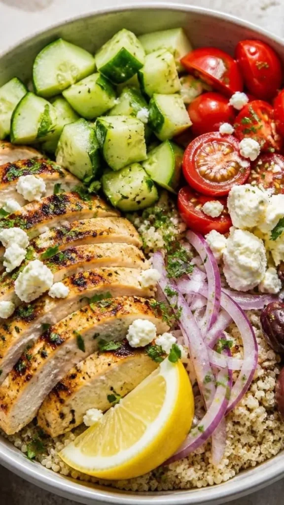 Mediterranean chicken and quinoa lunch bowl with cucumber, tomatoes, and feta