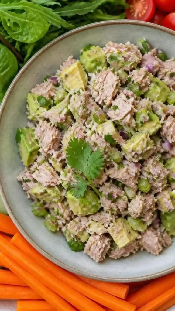 Mediterranean tuna salad without mayo with cucumber, celery, parsley, and lemon