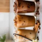 Five homemade iced coffee drinks without added sugar, including black coffee, vanilla, cinnamon, mocha, and cold brew.