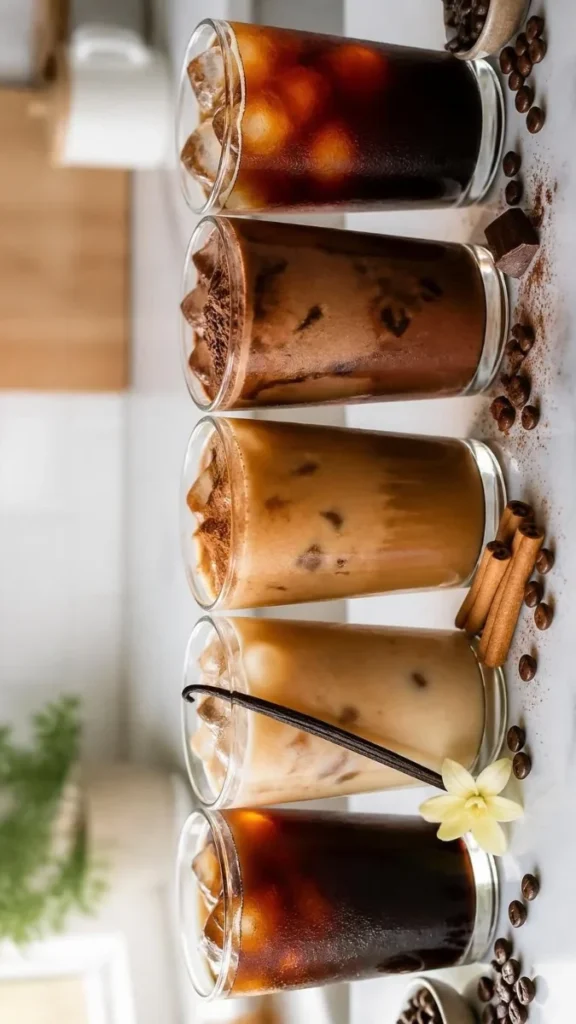 Five homemade iced coffee drinks without added sugar, including black coffee, vanilla, cinnamon, mocha, and cold brew.