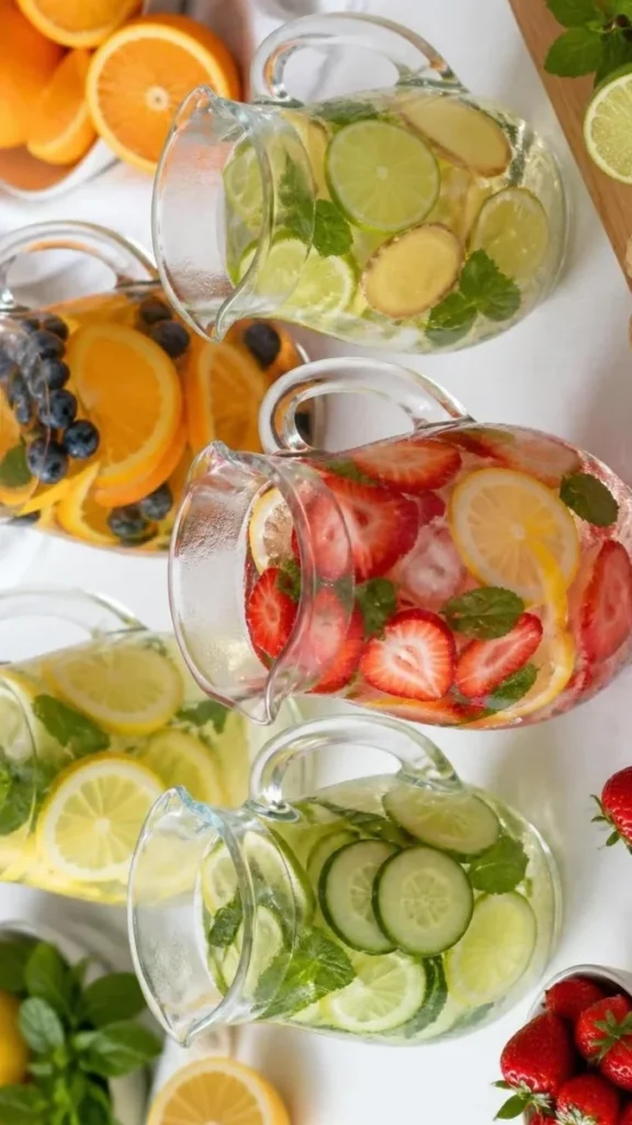 Glass pitcher of lemon mint infused water with fresh lemon slices and mint leaves
