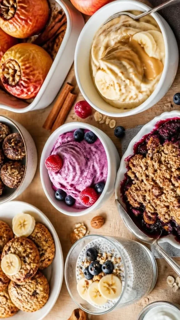 Seven naturally sweet homemade desserts including banana cookies, date bites, baked apples, frozen yogurt, pudding, crumble, and nice cream.