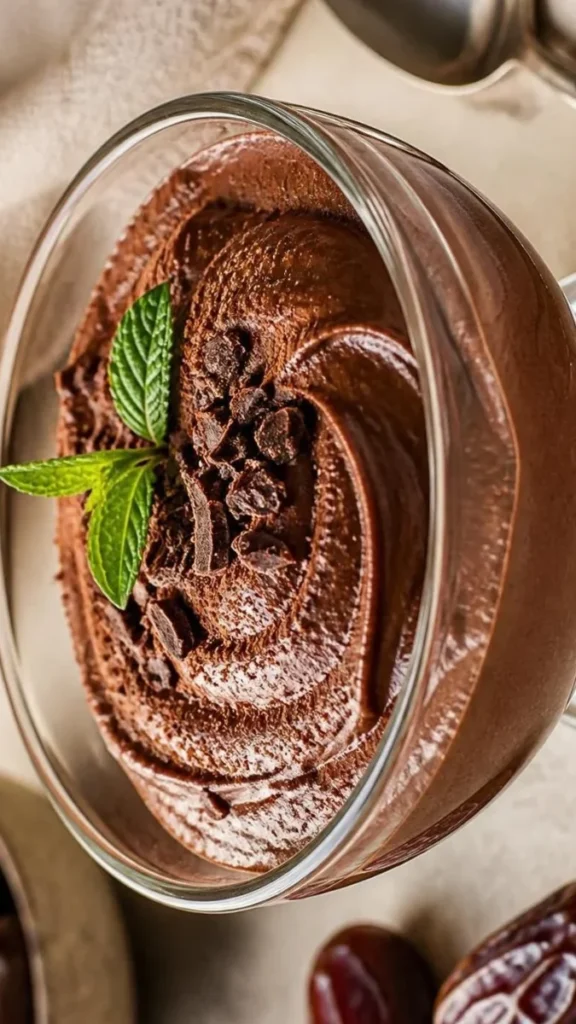 Creamy chocolate avocado mousse made with dates and cocoa powder, served in a small dessert bowl.