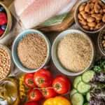 Mediterranean diet grocery ingredients including olive oil, vegetables, fruit, chickpeas, whole grains, nuts, and fish.