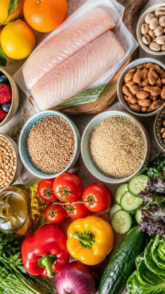 Mediterranean diet grocery ingredients including olive oil, vegetables, fruit, chickpeas, whole grains, nuts, and fish.