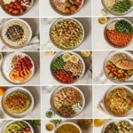Seven-day meal plan featuring balanced breakfasts, lunches, dinners, vegetables, whole grains, and protein-rich foods.