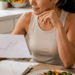 Person reviewing a weight tracking chart while planning balanced meals and healthy