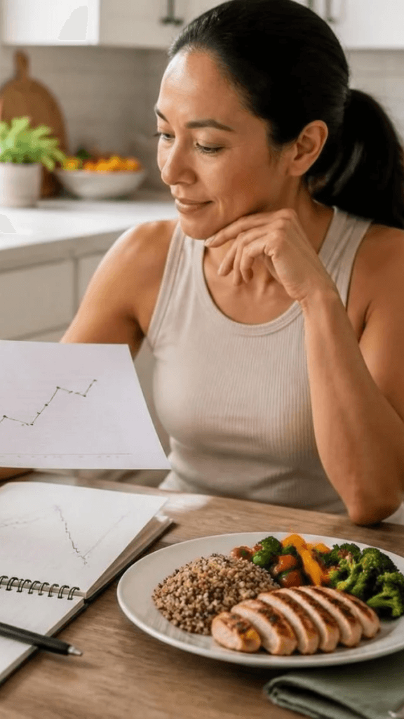Person reviewing a weight tracking chart while planning balanced meals and healthy