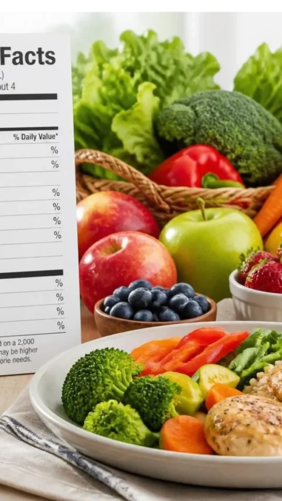A clean, realistic food photography composition featuring: A packaged food Nutrition Facts label. Fresh avocado. Banana. Brown rice. Vegetables. A balanced meal bowl.