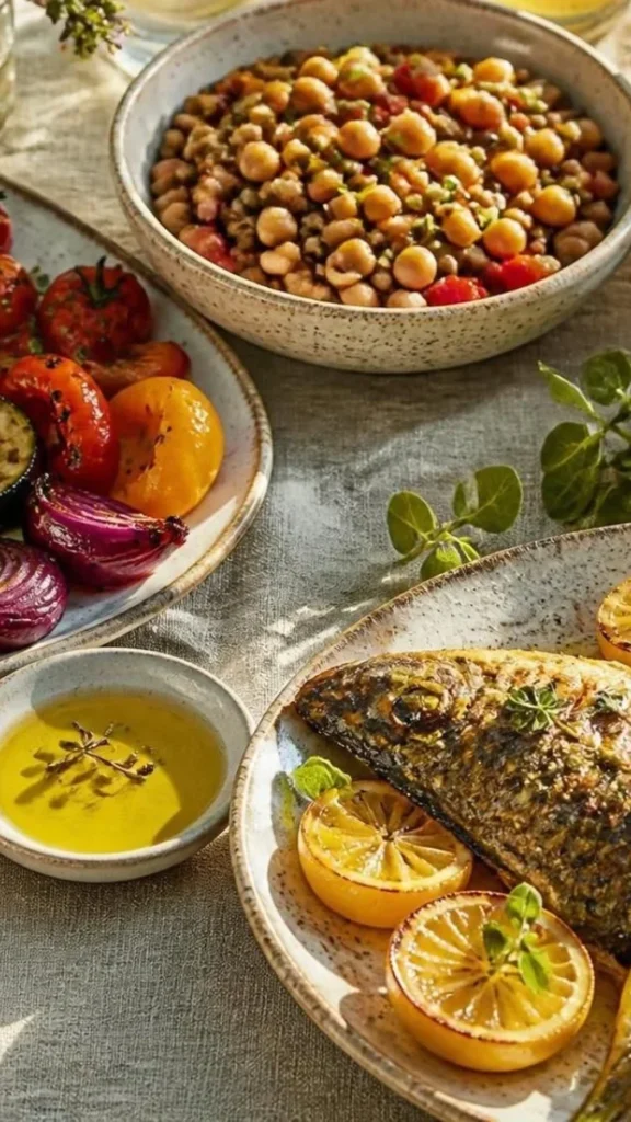 Mediterranean-style foods including vegetables, olive oil, whole grains, fish, and legumes