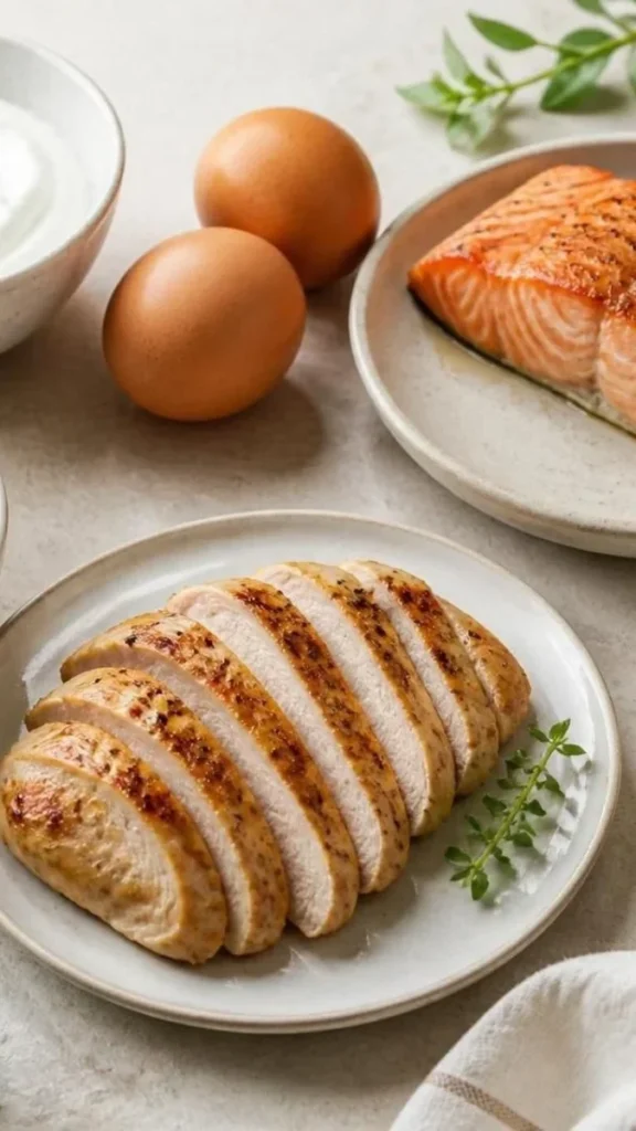 Selection of protein foods including eggs, salmon, chicken, tofu, beans, and yogurt