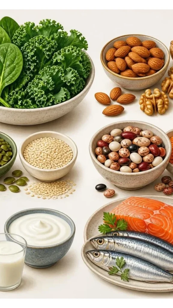 Foods containing essential minerals including leafy greens, nuts, seeds, beans, dairy, and fish