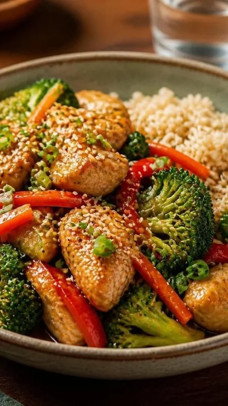 Whole-wheat noodles with golden tofu, broccoli, carrots, and spinach