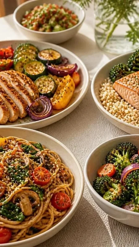 Selection of easy, healthy dinner ideas including chicken, salmon, pasta, and vegetables