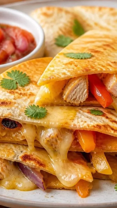 Chicken and vegetable quesadillas with melted cheese