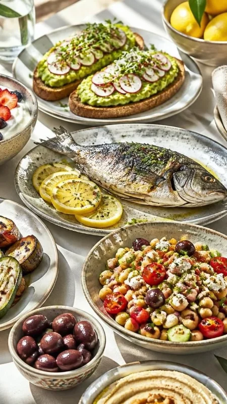 Selection of Mediterranean diet foods including vegetables, fruit, grains, and nuts