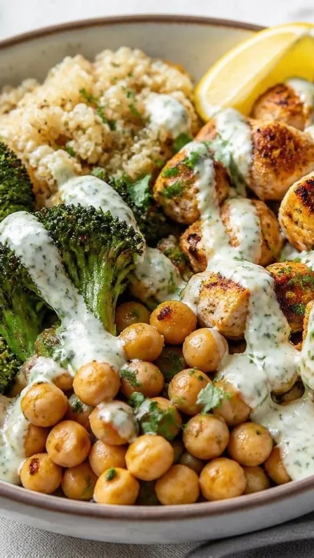 Chicken, chickpea, and quinoa bowl with broccoli and yogurt dressing