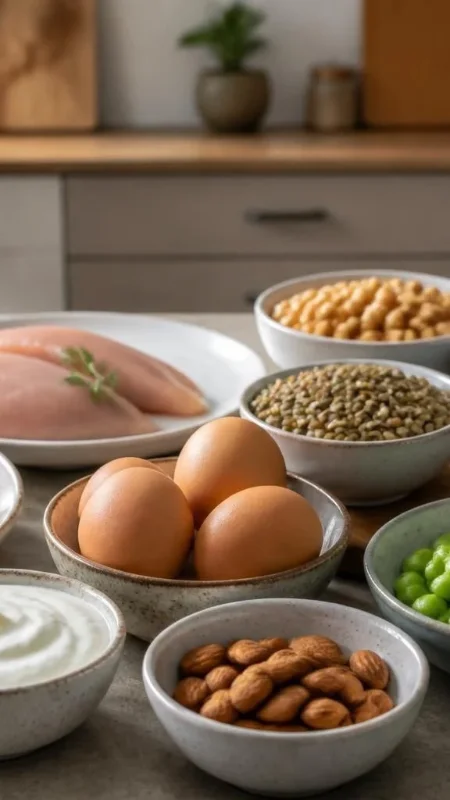 Animal and plant protein sources arranged on a kitchen counter