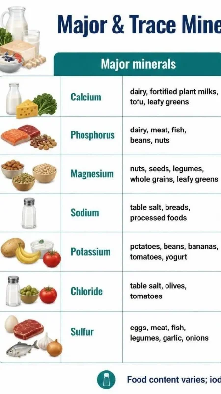 Chart showing major and trace minerals with common food sources