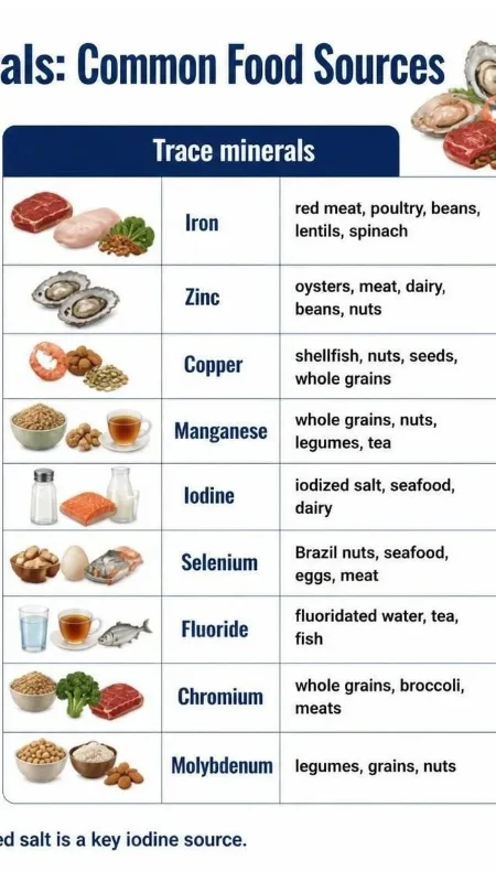 Chart showing major and trace minerals with common food sources