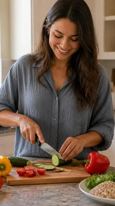 Person preparing a balanced meal with fresh vegetables as part of a healthy daily routine