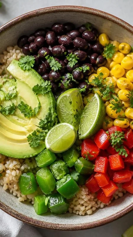 Southwest brown rice lunch bowl with black beans, corn, peppers, and avocado