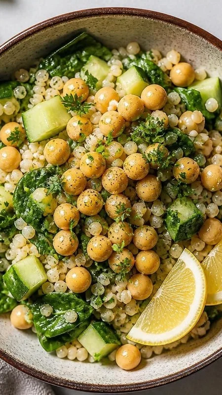 Chickpea couscous lunch bowl with spinach, cucumber, and lemon dressing