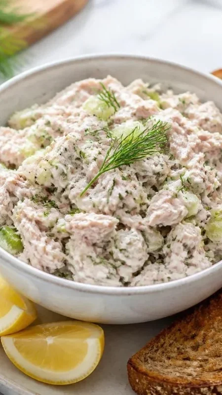 Creamy tuna salad made with plain Greek yogurt, celery, and fresh dill