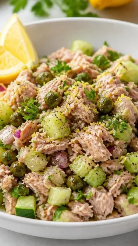 Avocado tuna salad without mayonnaise served with lime and fresh vegetables