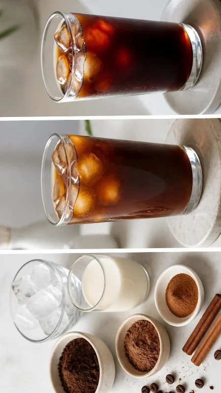 Ingredients for homemade iced coffee including coffee, ice, cinnamon, cocoa, and almond milk