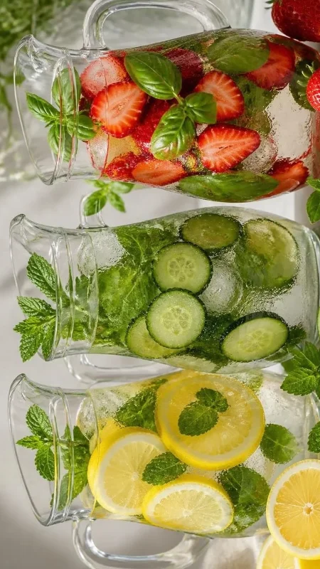 Glass pitcher of lemon mint infused water with fresh lemon slices and mint leaves