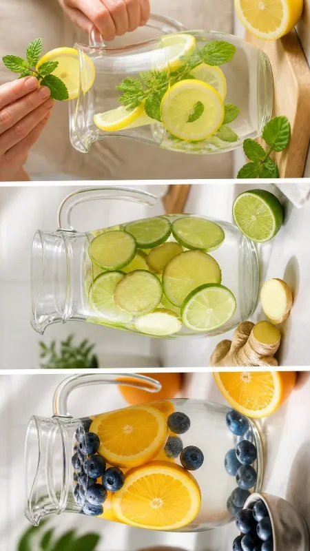 Orange blueberry infused water with citrus slices and fresh blueberries