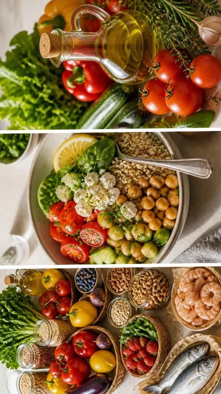 Mediterranean chickpea and quinoa bowl with tomatoes, cucumber, spinach, and feta