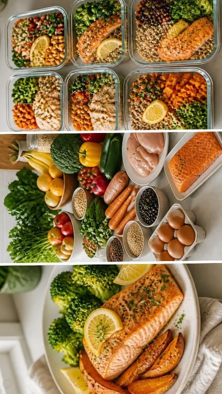 Groceries for balanced weekly meals including vegetables, fruit, grains, and protein foods
