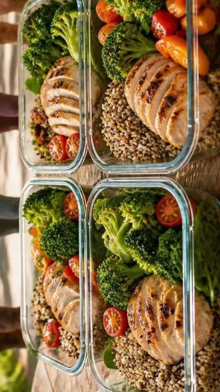 Healthy chicken quinoa bowl with broccoli, spinach, tomatoes, and bell peppers.Adults walking outdoors as part of a consistent physical activity routine.Four prepared chicken and quinoa meal containers with colorful vegetables.