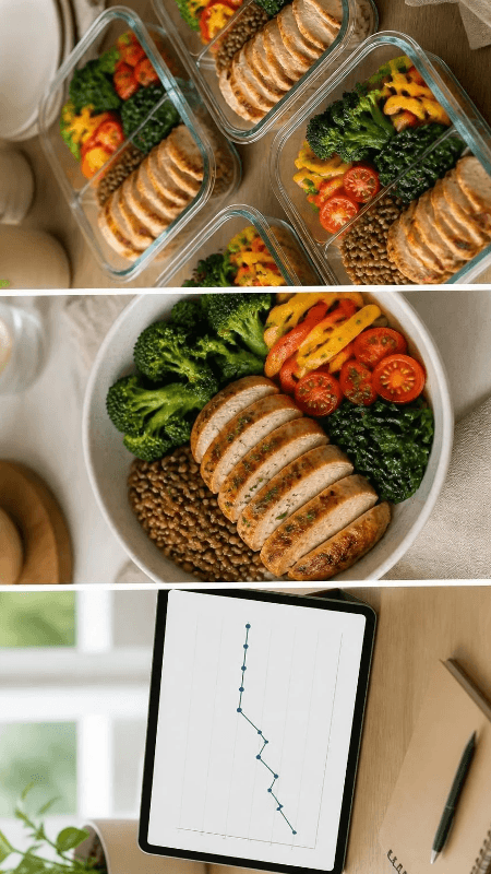 Example weight trend chart showing normal fluctuations and a period of stable weight. High-protein chicken and lentil bowl with broccoli, spinach, cherry tomatoes, and bell peppers. Prepared containers of chicken, lentils, and vegetables for balanced lunches.