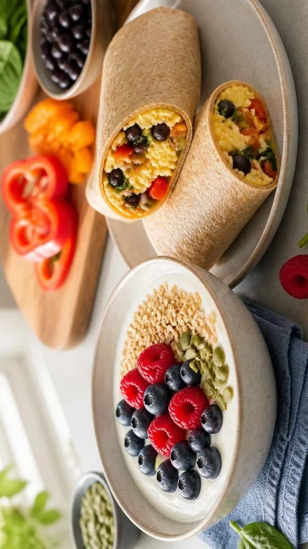 Greek yogurt breakfast bowls topped with berries, oats, and pumpkin seeds. Whole-wheat breakfast burritos filled with eggs, black beans, and vegetables.