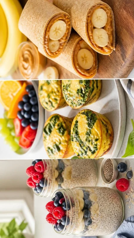 Overnight oats with banana, berries, and chia seeds in glass jars. Baked spinach and cheese egg muffins served with fresh fruit. Whole-wheat breakfast wraps filled with banana and peanut butter.