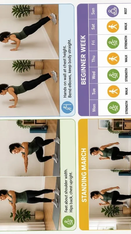 Demonstrations of beginner home exercises including squats, wall push-ups, and standing marches.